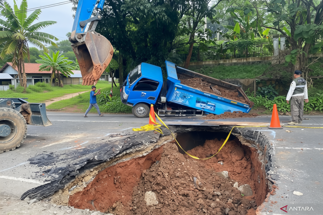 Truk milik Sudin SDA terperosok ke jalan amblas di Lenteng Agung